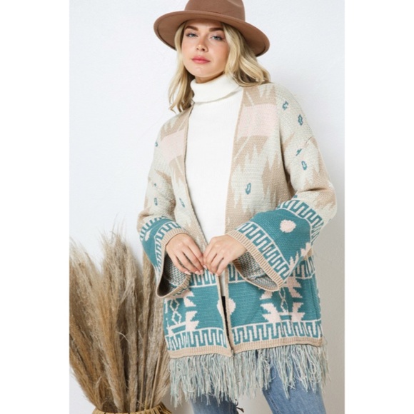 SOLD OUT Taupe Teal Bell Sleeve Aztec Western Tribal Fringe Knit Boho Cardigan - Picture 3 of 10